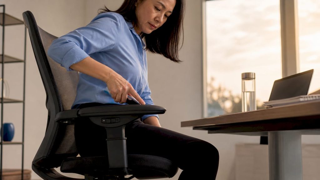 Woman adjusting ergonomic office chair in bright workspace