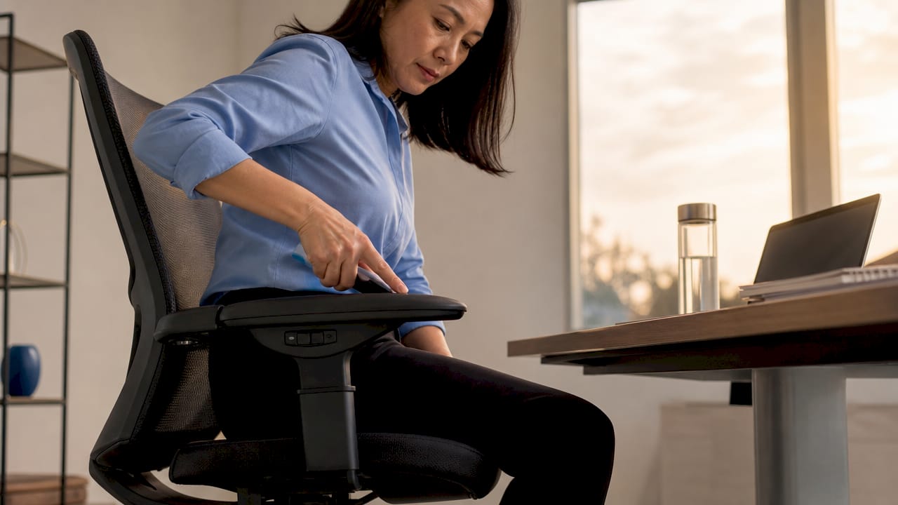Woman adjusting ergonomic office chair in bright workspace