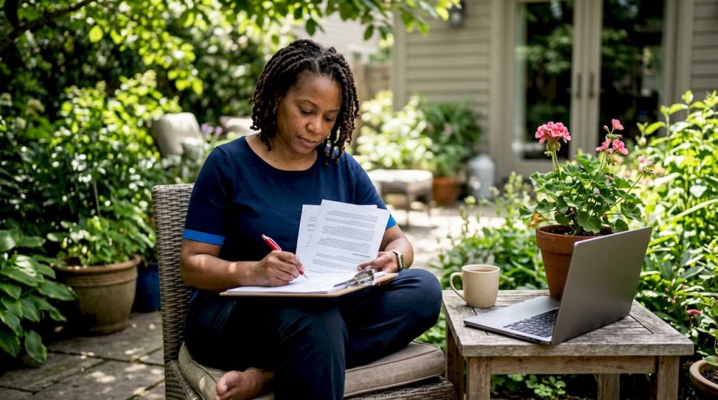 Woman reviewing workplace policy documents at desk.