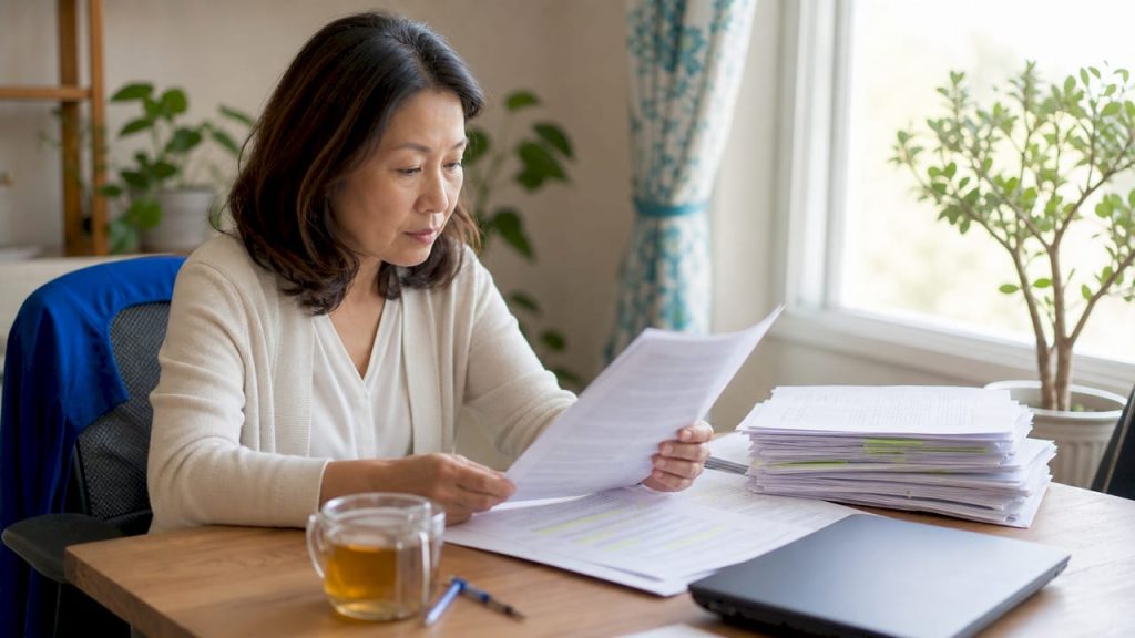 Worker reviewing right to work documents at home