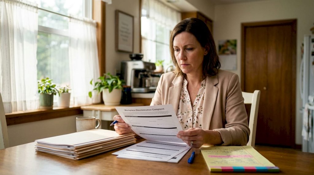 Woman reviewing workplace discrimination complaint forms
