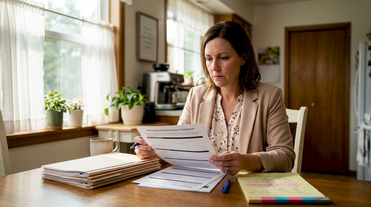 Woman reviewing workplace discrimination complaint forms