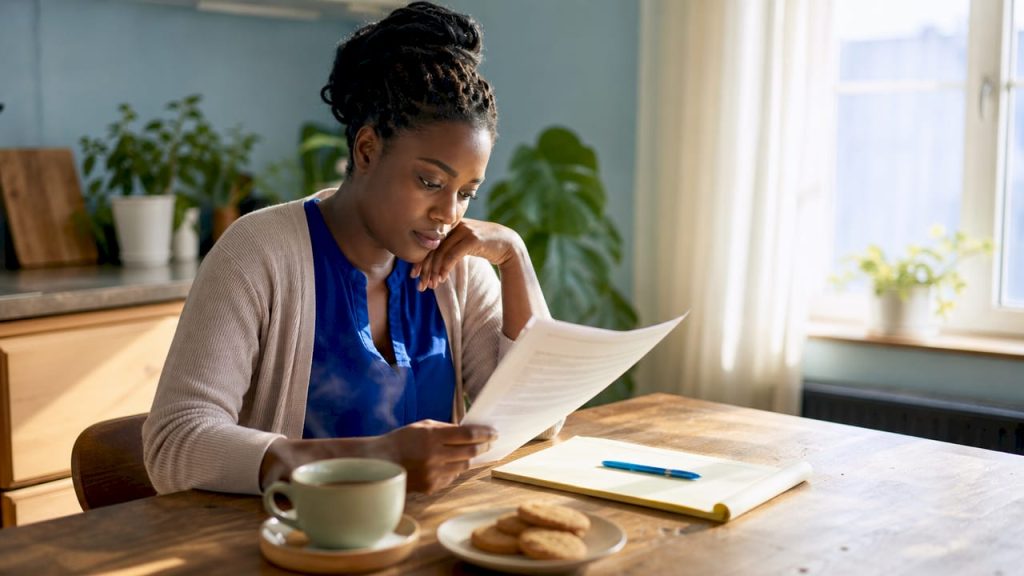 Woman reading privacy rights guide at home office