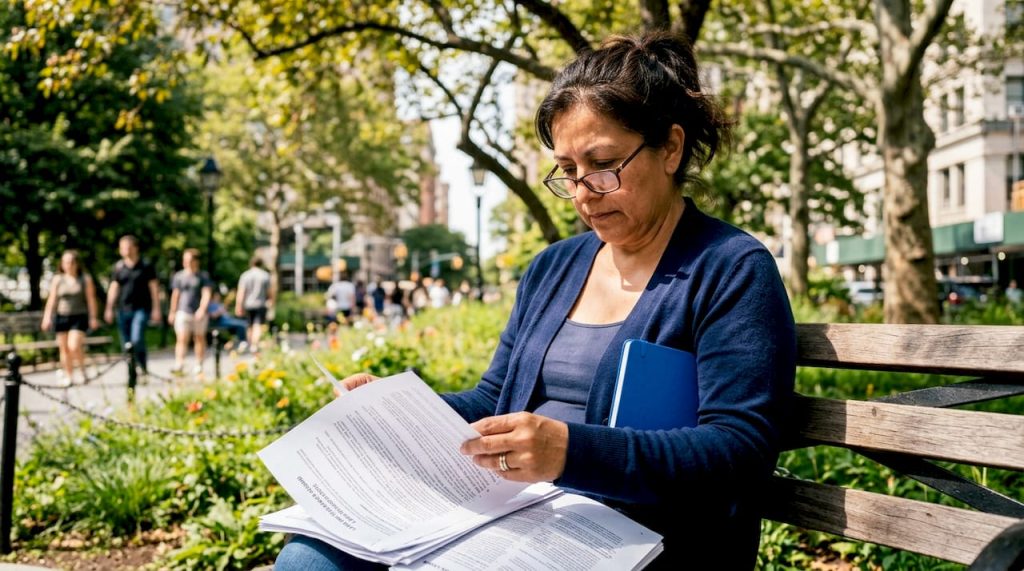 Worker reviewing legal employment rights documents in library