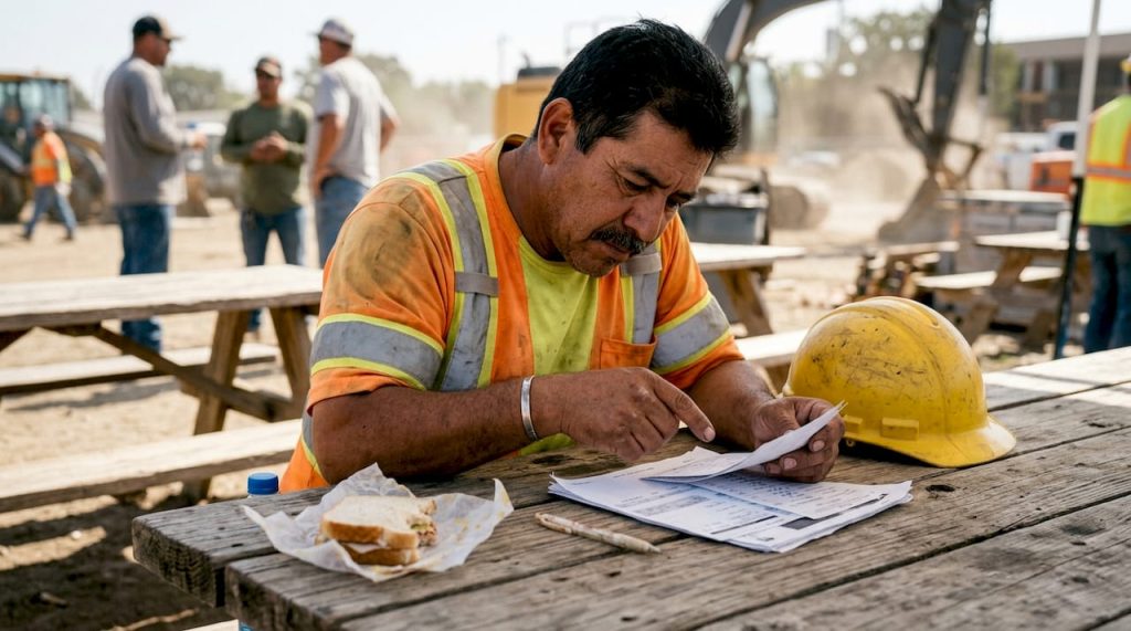 Labor worker reviewing pay documents in breakroom