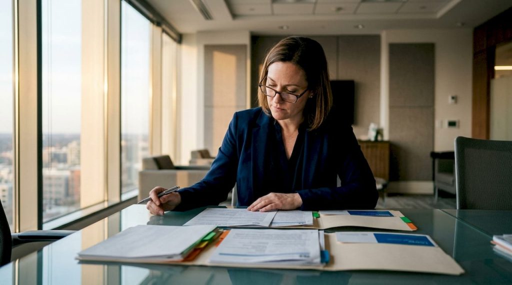 Labor rights officer reviewing enforcement paperwork
