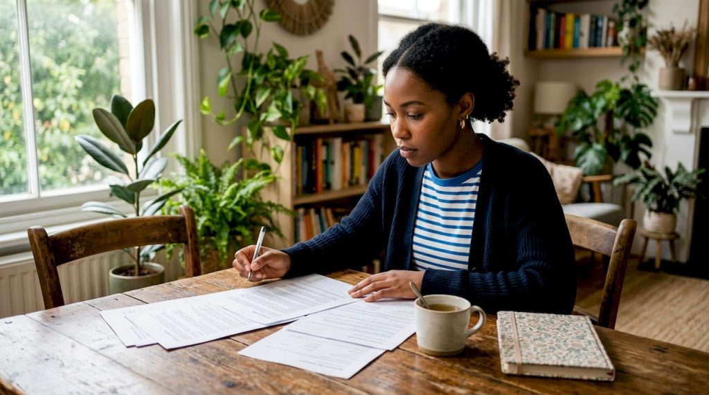 Woman reviewing temp agency worker rights documents