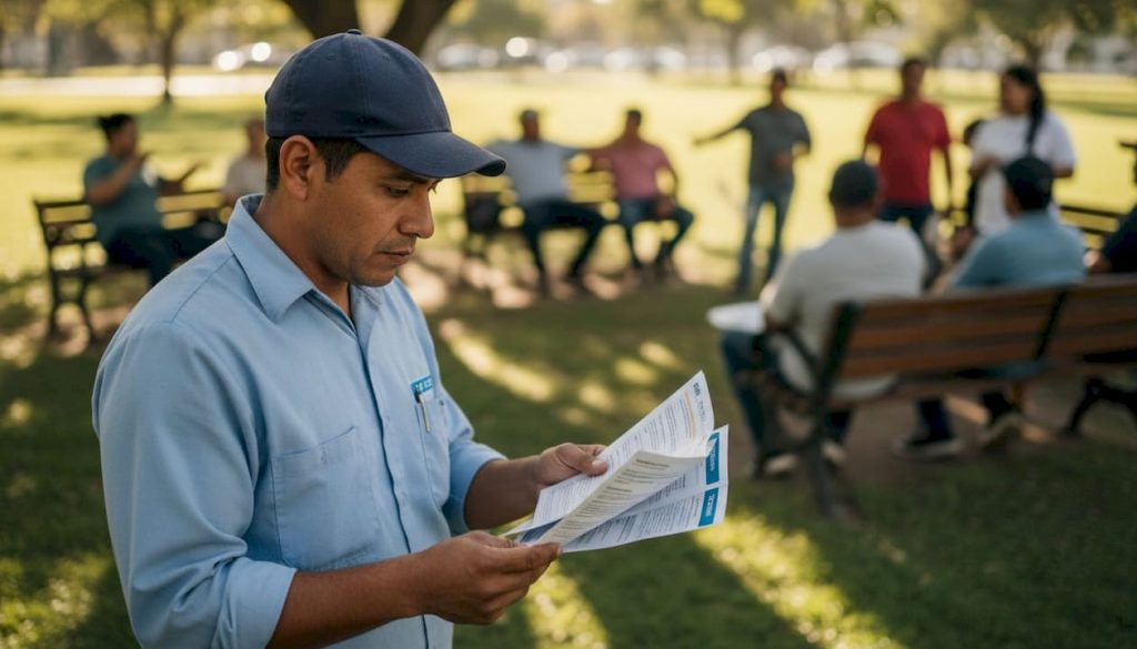 Day laborer reading wage protection pamphlet outdoor