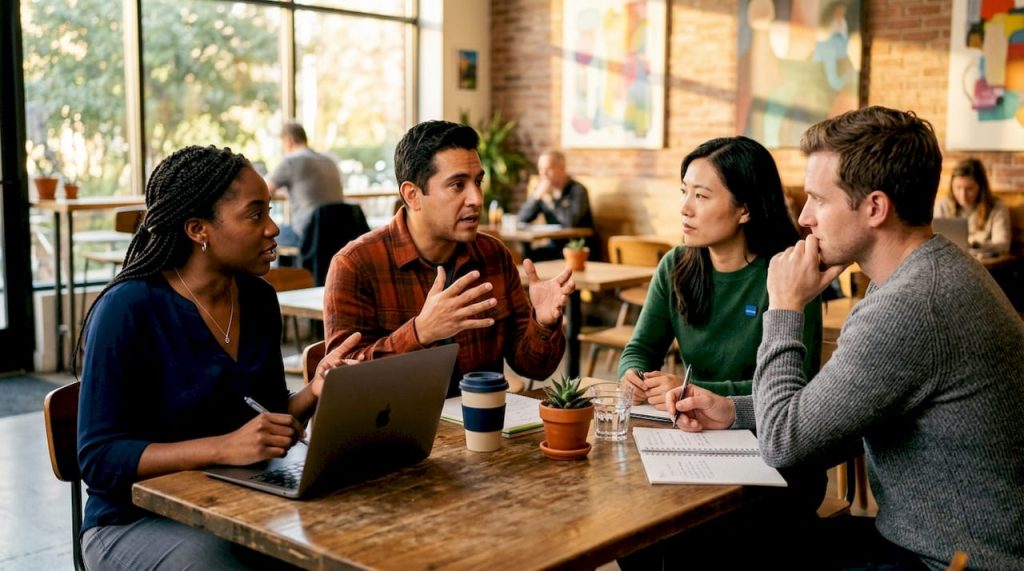 Employees discussing workplace fairness at table