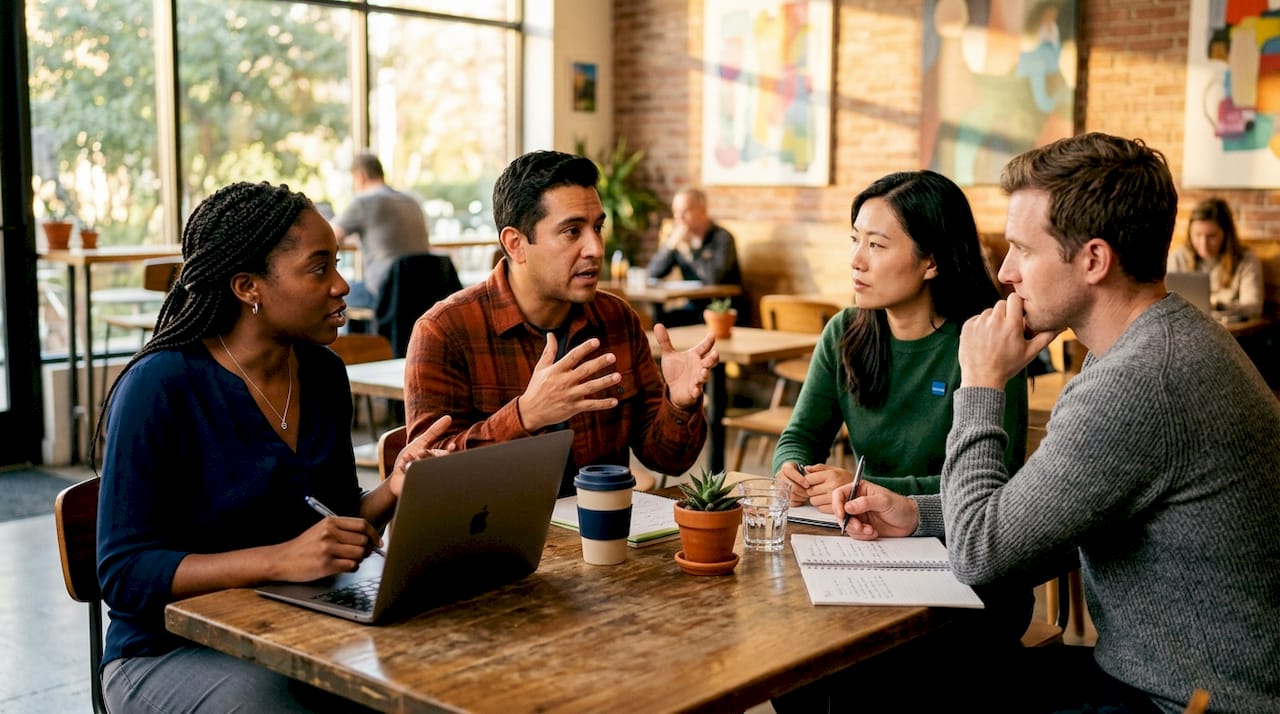 Employees discussing workplace fairness at table