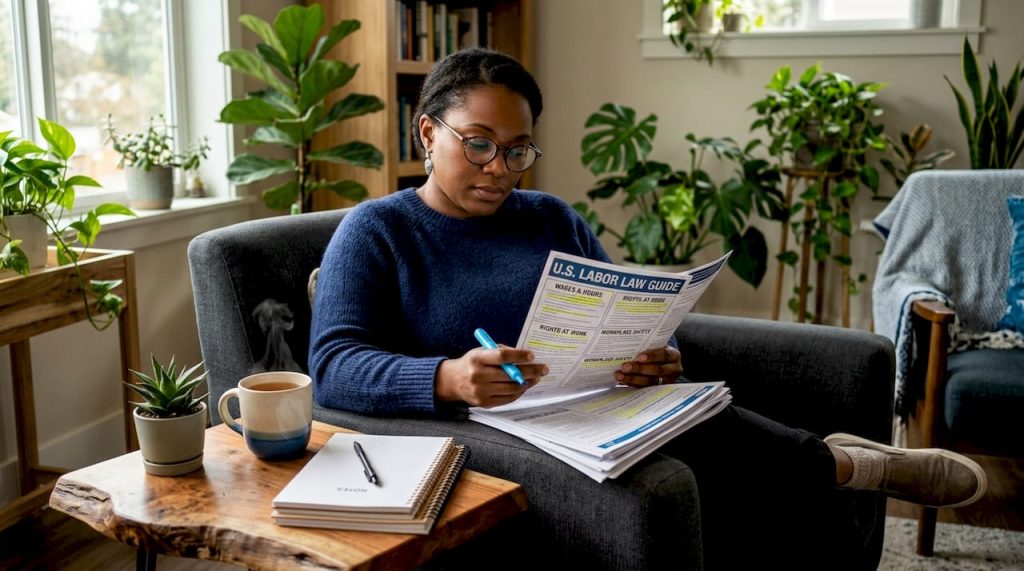 Person reviewing U.S. labor law documents at desk
