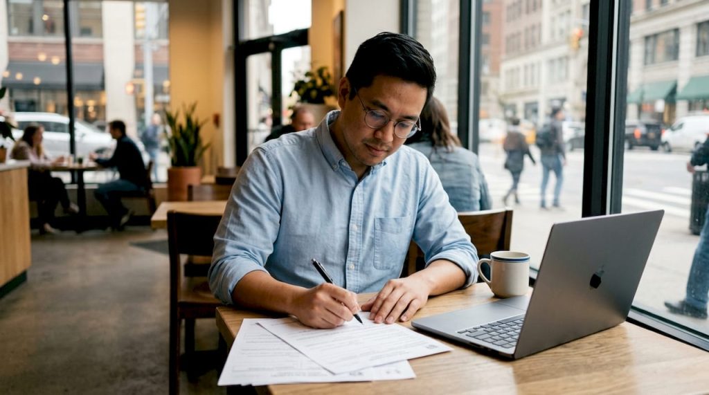 Man filing labor board charge form at desk