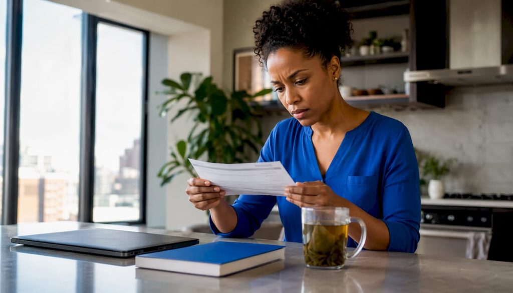 Worker reviewing paycheck for unpaid overtime
