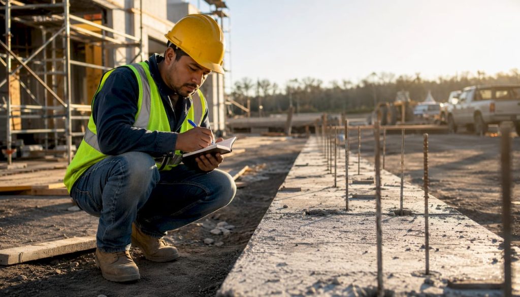Construction worker writing in notebook on site