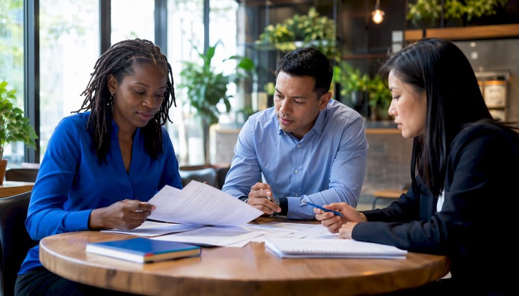 Diverse professionals discussing employment dispute documents