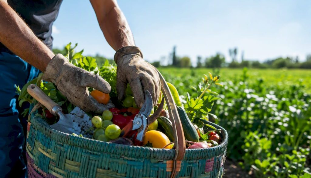 Hands putting on gloves and holding agricultural tools