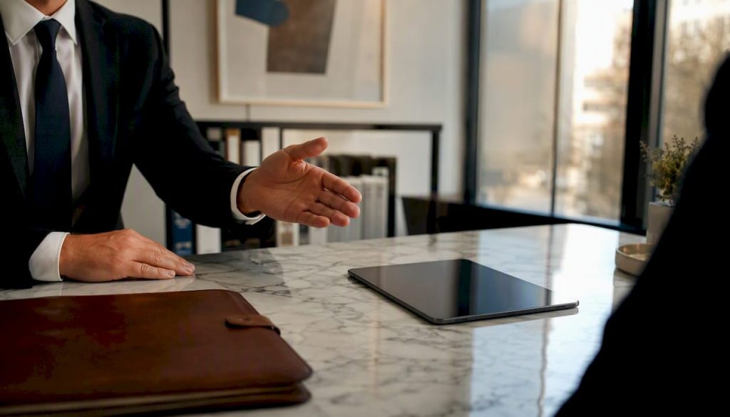 Lawyer’s hand pointing tablet in office