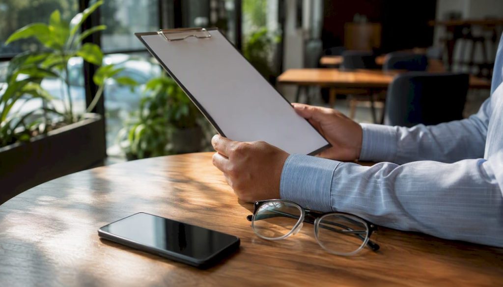 Hands holding blank clipboard in office