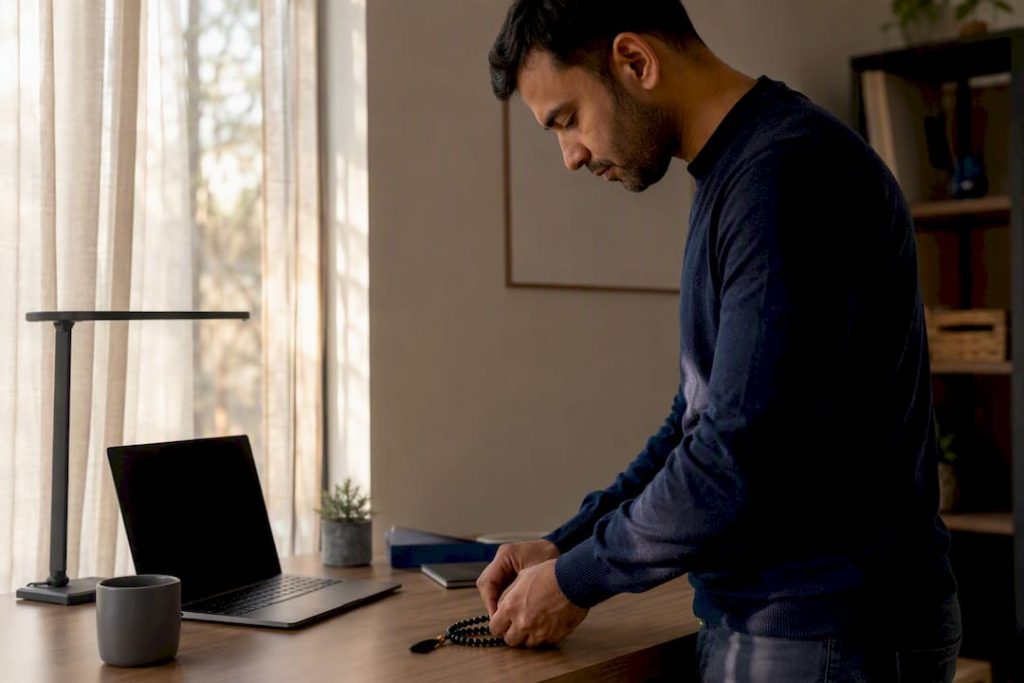 Hands placing religious item on desk