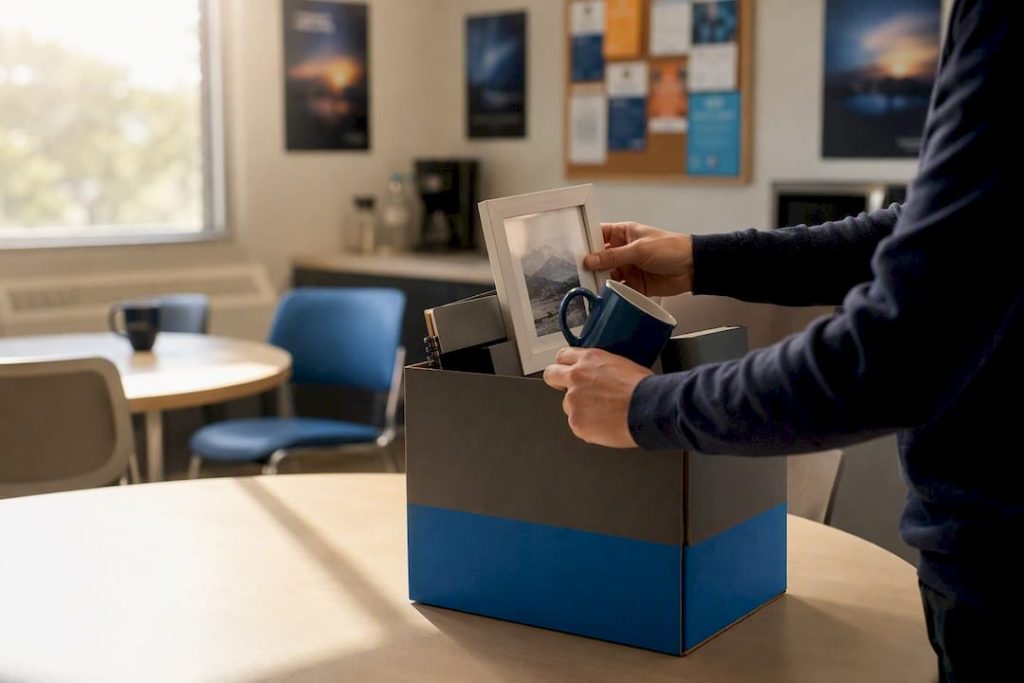 Hands packing personal items into box desk
