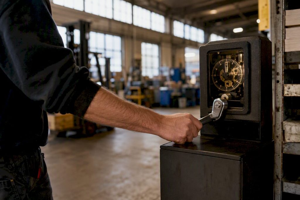 Hand punching time clock close-up side