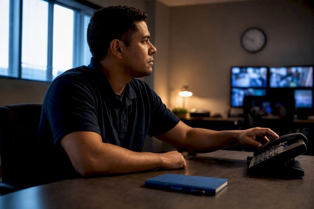 On-call employee waiting beside workplace phone