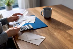 Hands organizing remote work expense records