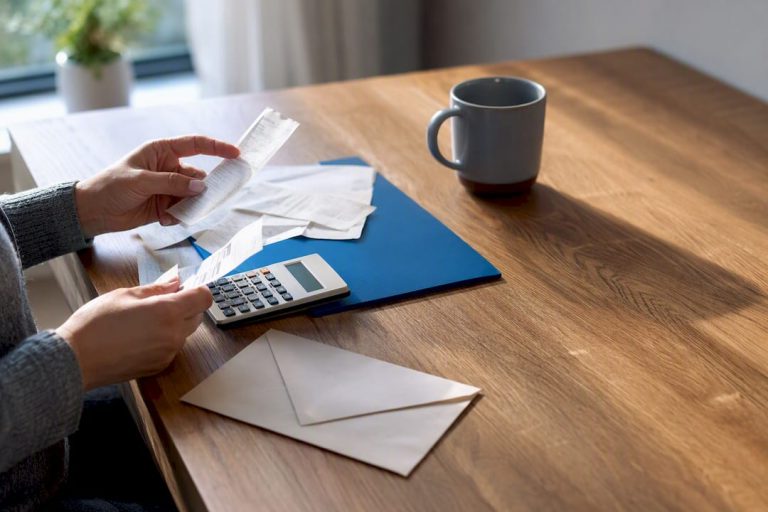 Hands organizing remote work expense records