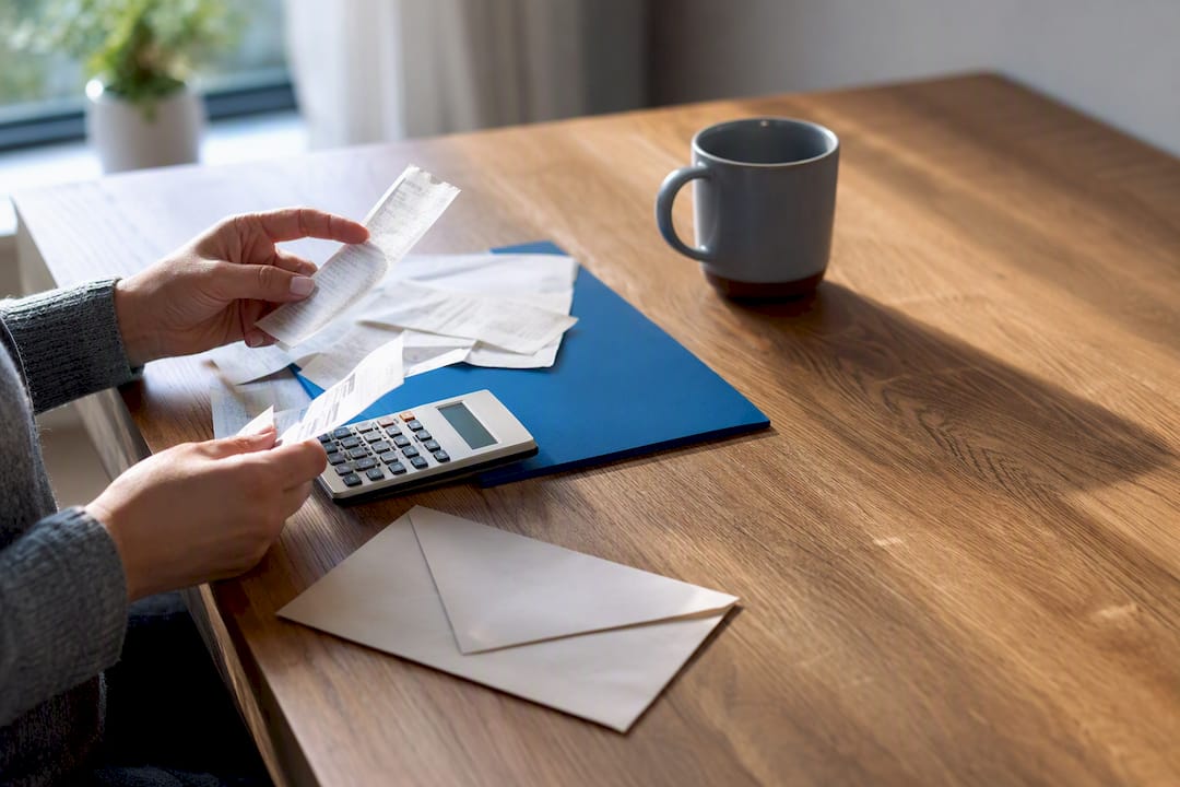 Hands organizing remote work expense records