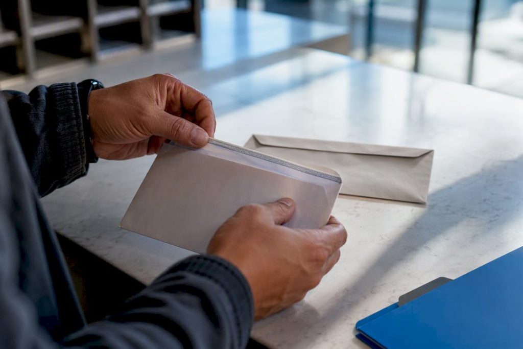 Worker reviewing payroll envelopes for records