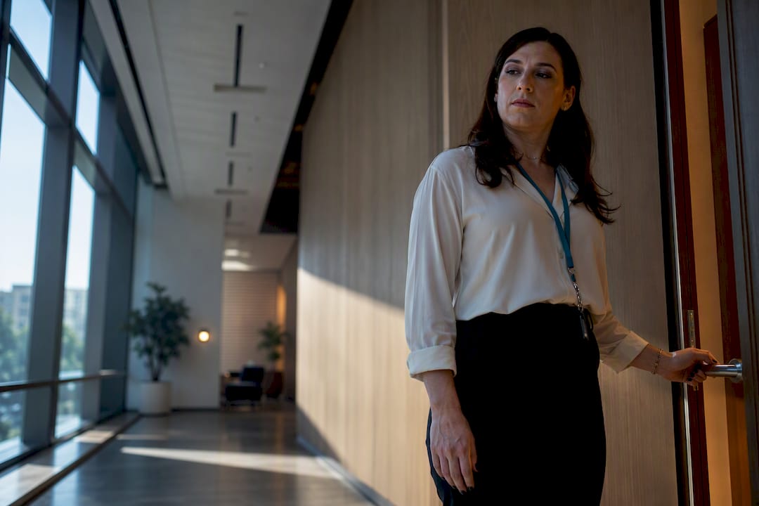 Employee paused outside workplace restroom