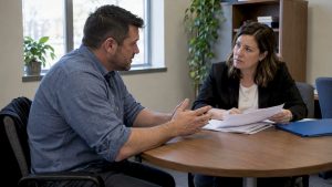 Employee discussing workplace defamation with adviser