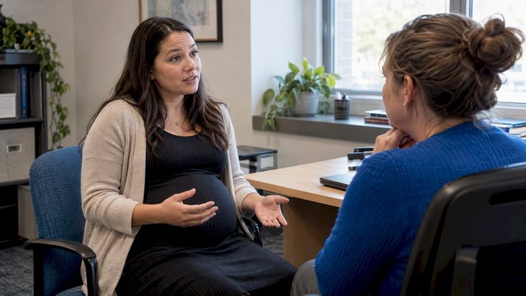 Pregnant employee discussing workplace accommodation