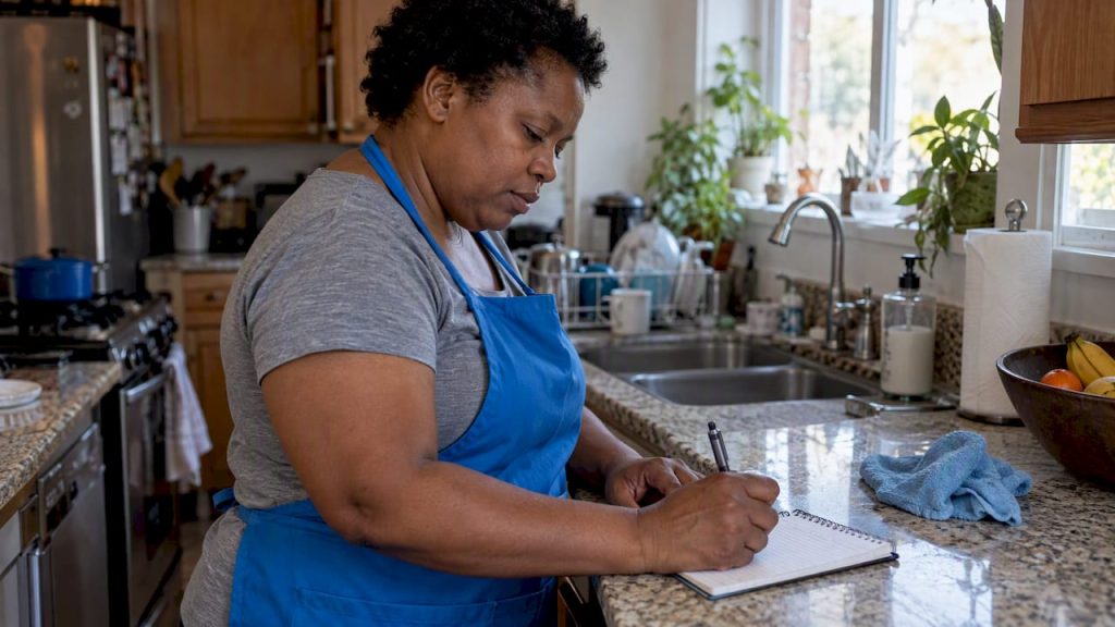 Domestic worker recording hours in a home
