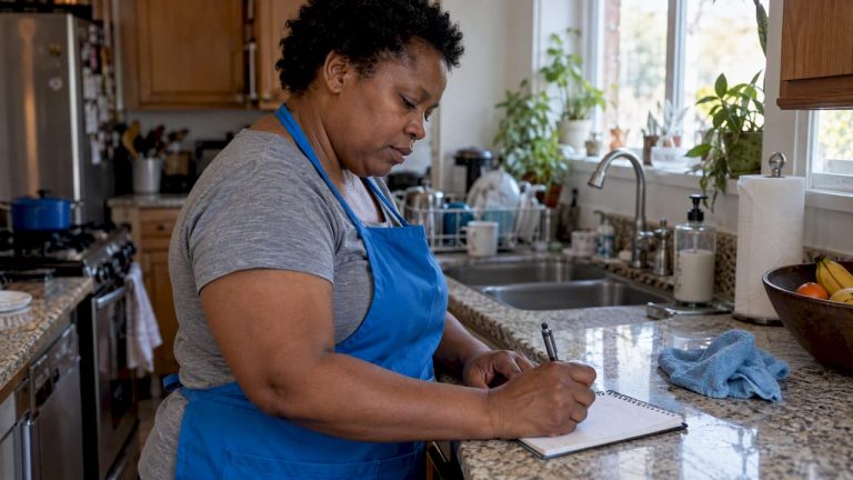 Domestic worker recording hours in a home