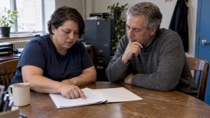 Employee and union representative review an agreement