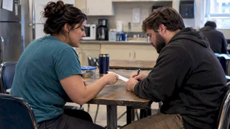 Coworkers discuss a union authorization card