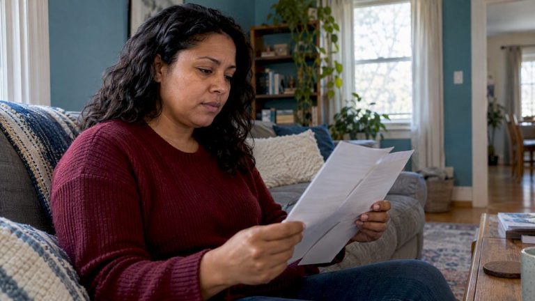 Worker reviewing paycheck garnishment paperwork at home