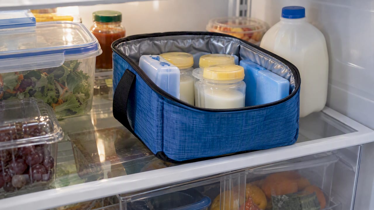 Insulated cooler and sealed milk containers in a refrigerator